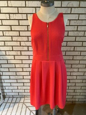 Sleeveless Coral Zip-Front Fit & Flare Dress